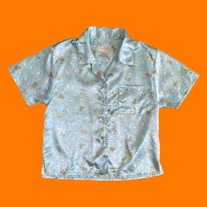 90's 00's vintage satin teddy bear celestial boxy y2k pajama top SMALL